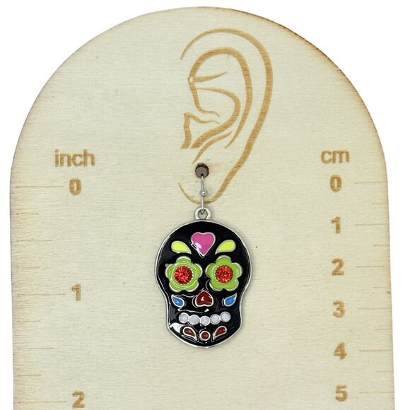 Black Sugar Skull Dangle Earrings 1" Silver Tone Enamel Day Of The Dead - Picture 8 of 8
